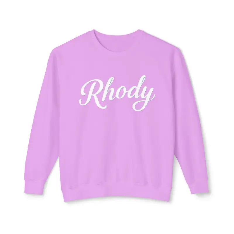 Lavender sweatshirt with white script, Rhody Unisex Lightweight Crewneck for ultimate comfort