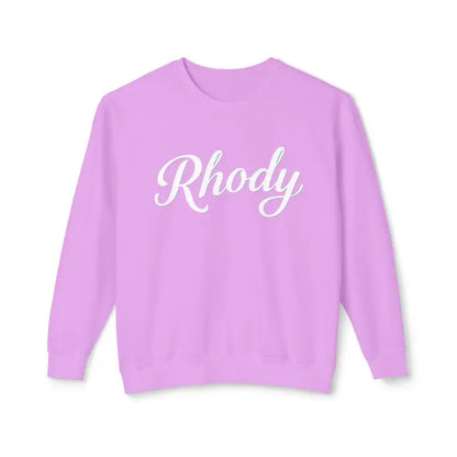 Lavender sweatshirt with white script, Rhody Unisex Lightweight Crewneck for ultimate comfort