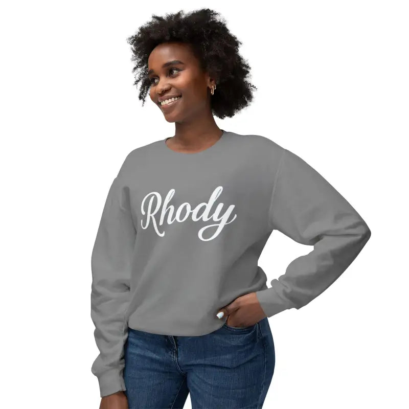 Gray sweatshirt featuring Rhody script in a stylish unisex lightweight design