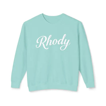 Mint-colored sweatshirt with white script from Rhody for ultimate comfort