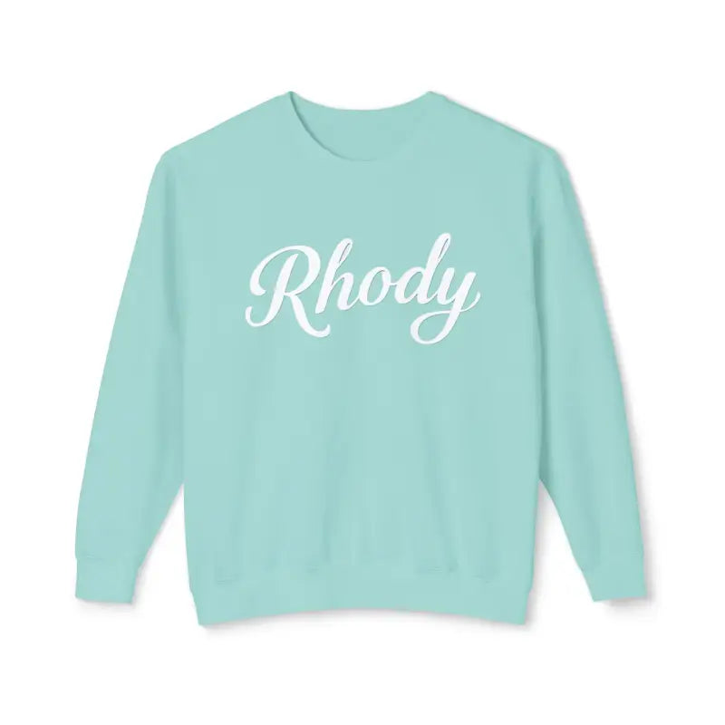 Mint-colored sweatshirt with white script from Rhody for ultimate comfort