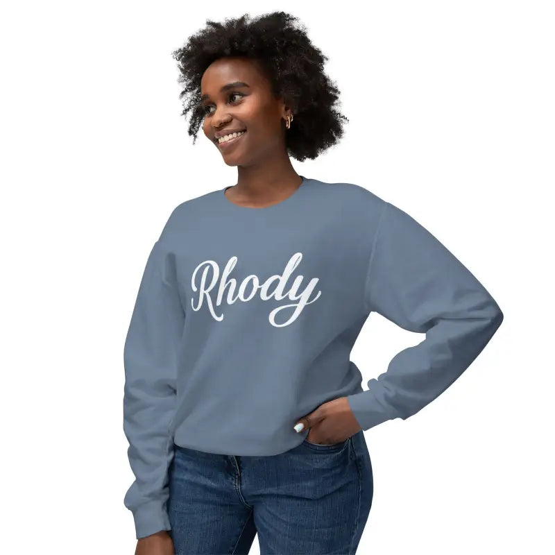 Blue sweatshirt featuring Rhody in white script from the Rhody Unisex Lightweight Crewneck