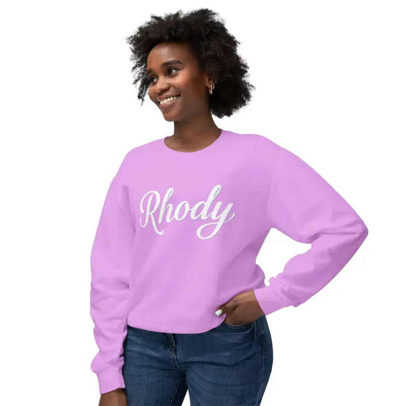 Lavender unisex crewneck sweatshirt featuring Rhody script for ultimate comfort