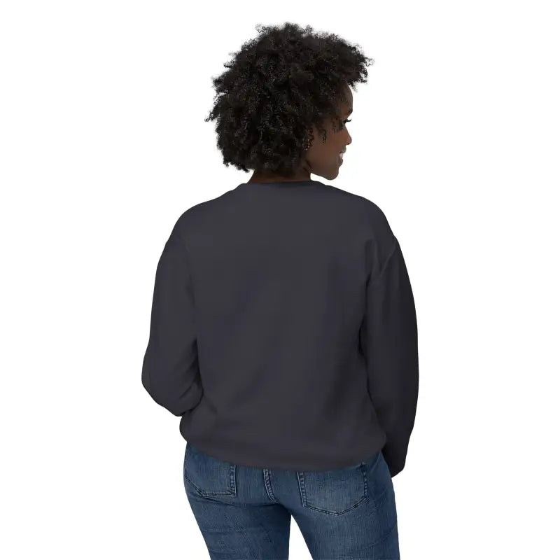 Woman in gray sweatshirt and blue jeans showcasing Rhody Unisex Lightweight Crewneck Sweatshirt
