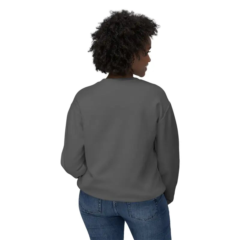 Gray sweatshirt worn by a woman featuring Rhody Unisex Lightweight Crewneck design