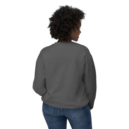 Gray sweatshirt worn by a woman featuring Rhody Unisex Lightweight Crewneck design
