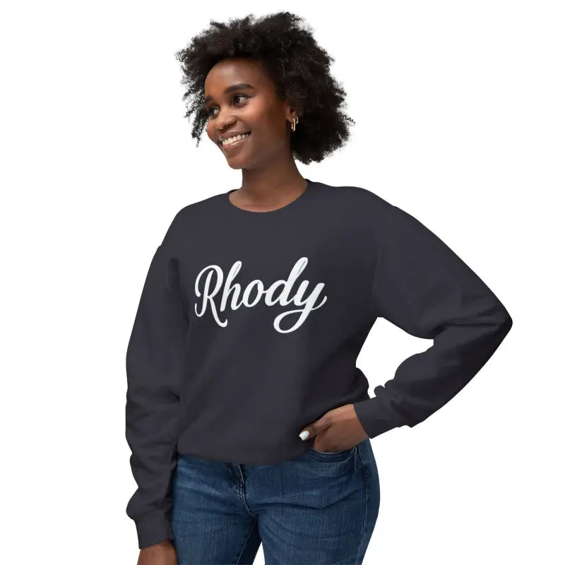 Dark sweatshirt featuring white script from Rhody Unisex Lightweight Crewneck Sweatshirt