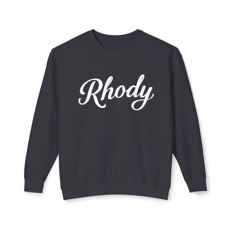 Dark gray Rhody unisex lightweight crewneck sweatshirt featuring white script design