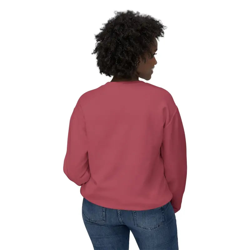 Woman modeling Rhody Unisex Lightweight Crewneck Sweatshirt in red with jeans