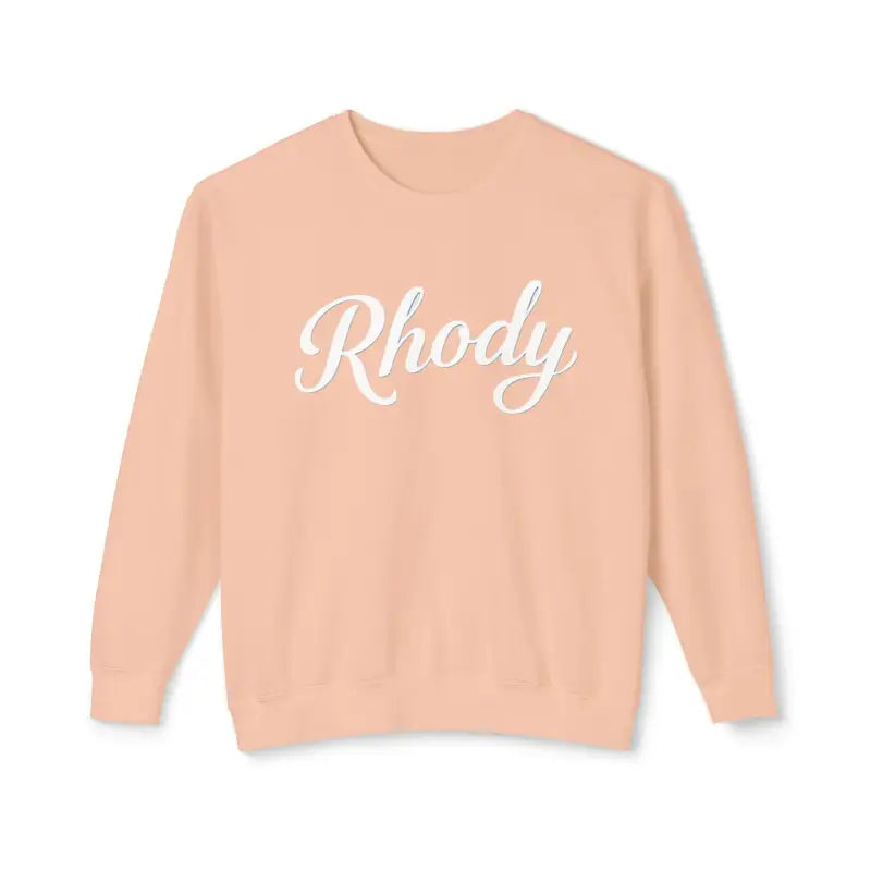 Peach-colored Rhody Unisex sweatshirt with white script for ultimate comfort
