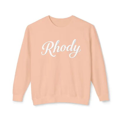 Peach-colored Rhody Unisex sweatshirt with white script for ultimate comfort