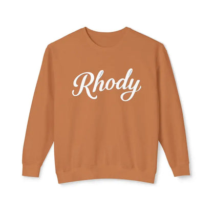 Orange Rhody Unisex Lightweight Crewneck Sweatshirt featuring white script design