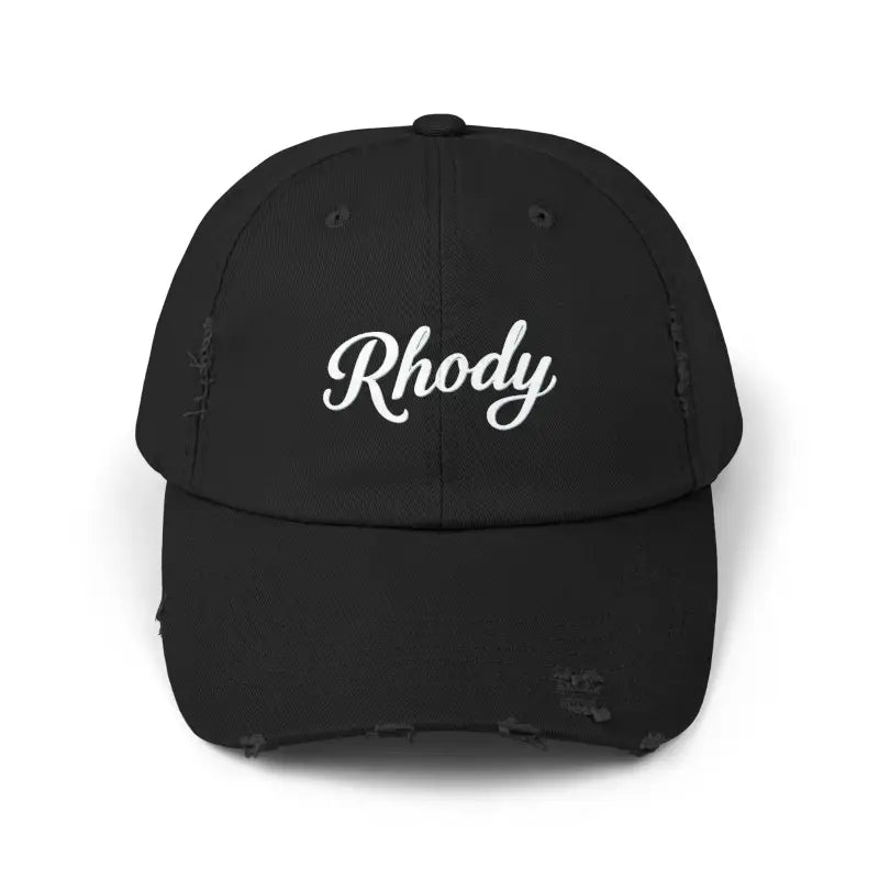 Black distressed baseball cap featured in Rhody Vintage Style Hat for casual wear