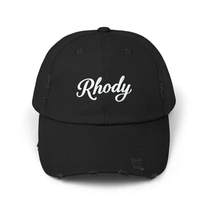 Black distressed baseball cap featured in Rhody Vintage Style Hat for casual wear