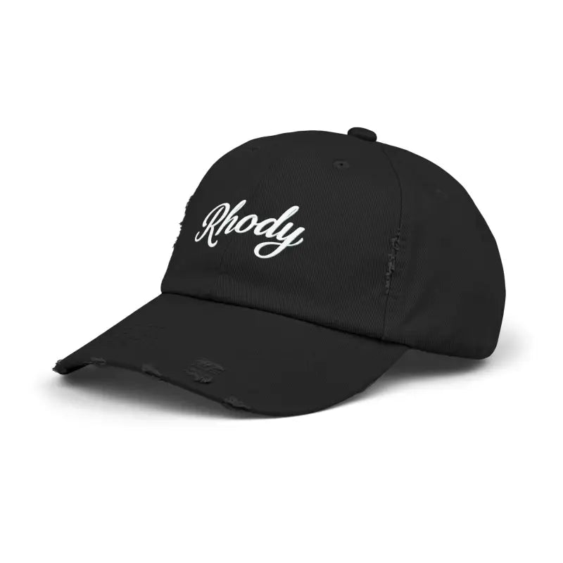 Black distressed baseball cap from the Rhody Vintage Style Hat for casual wear
