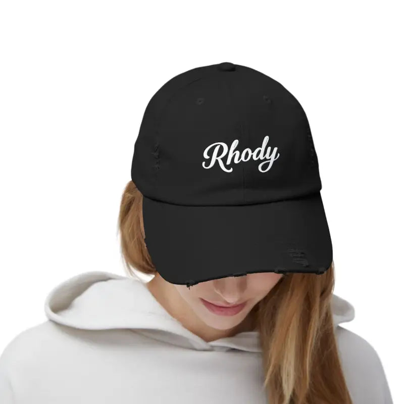 Black distressed baseball cap from Rhody Vintage Style Hat for casual wear