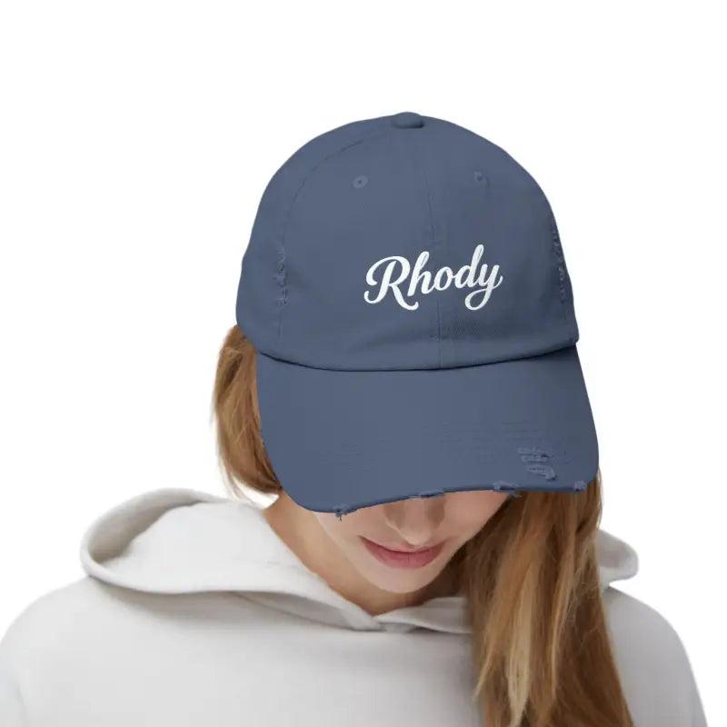 Distressed blue baseball cap from the Rhody Vintage Style Hat for casual wear