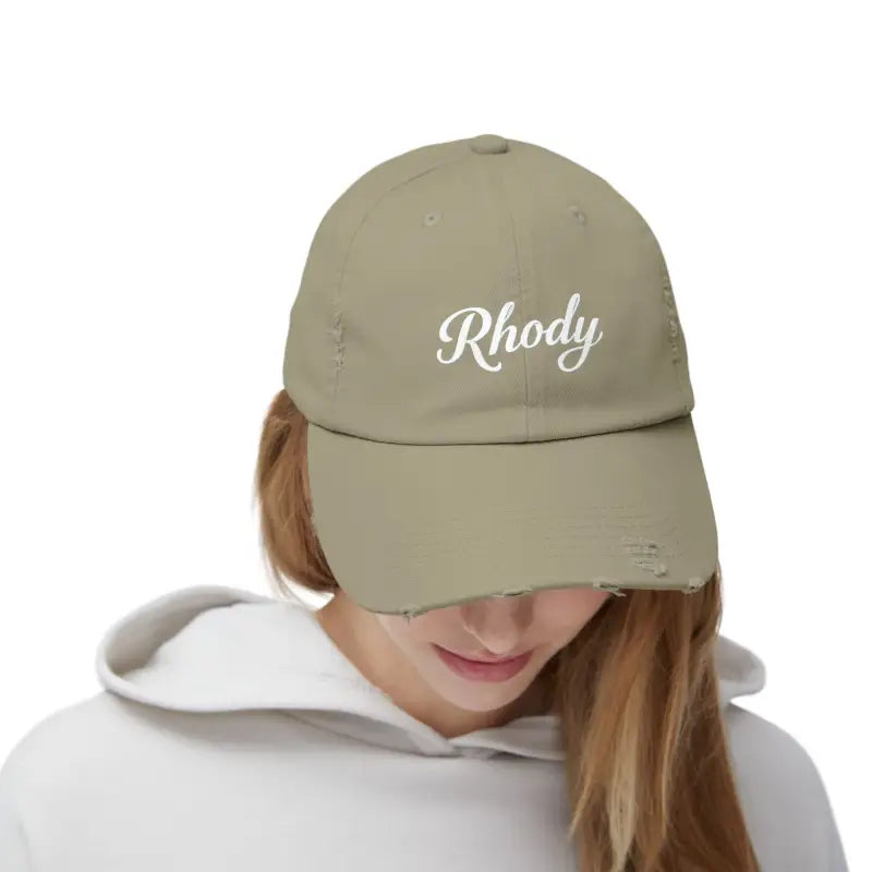 Distressed khaki baseball cap from Rhody Vintage Style Hat for casual wear
