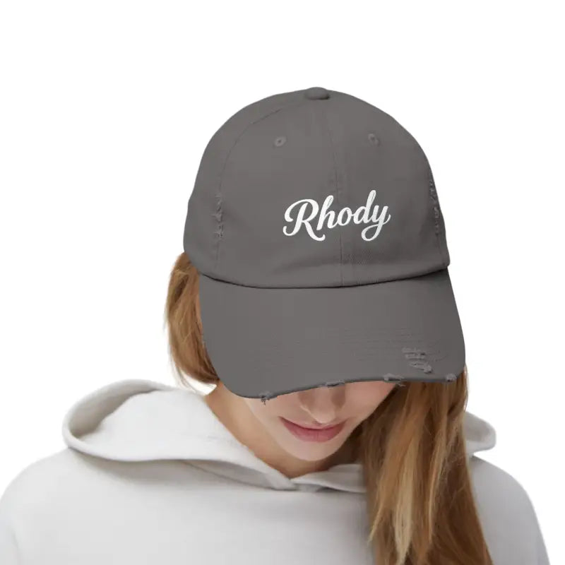 Gray distressed baseball cap featured in Rhody Vintage Style Hat for casual wear