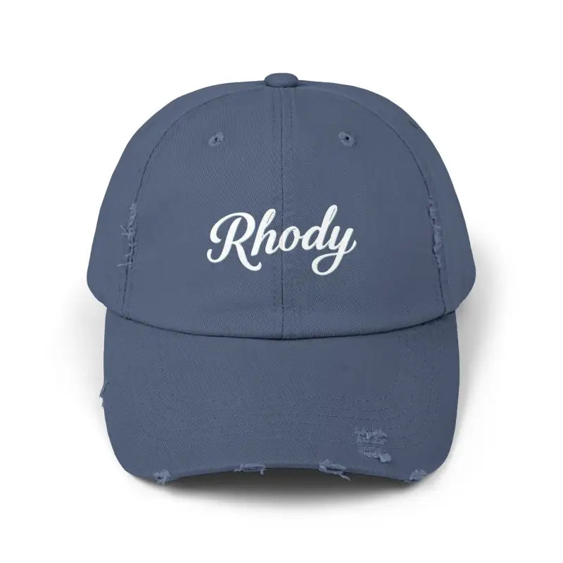 Blue distressed baseball cap featured in Rhody Vintage Style Hat for casual wear