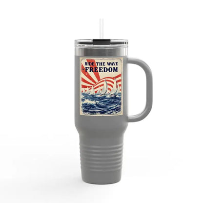Gray travel mug with handle from Ride The Wave Of Freedom 40oz Travel Mug collection