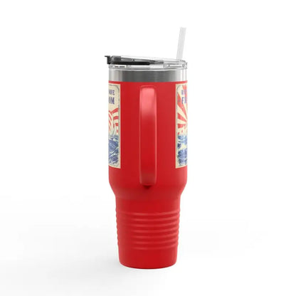 Red handled tumbler with straw from Ride The Wave Of Freedom 40oz Travel Mug