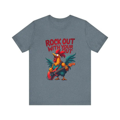 Gray t-shirt featuring a rooster playing guitar, available in multiple colors