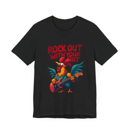Black t-shirt featuring a rooster playing guitar, available in multiple colors