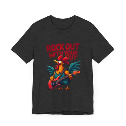 Black T-shirt featuring a rooster playing guitar from the Rooster Graphic T Shirt collection