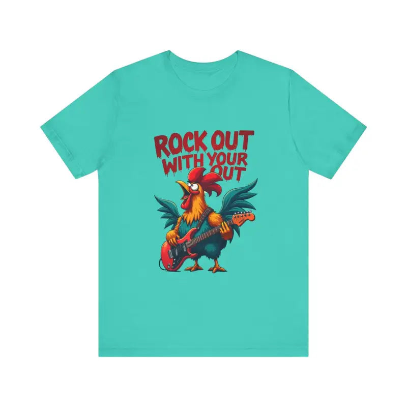 Teal t-shirt featuring a rooster playing guitar graphic from Rooster Graphic T Shirt collection