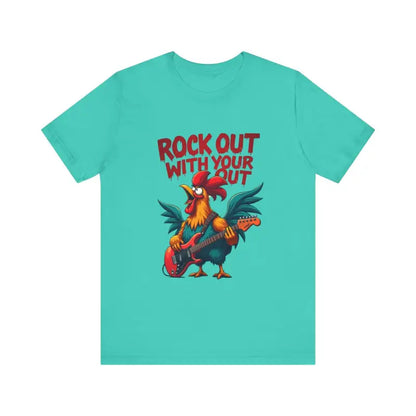 Teal t-shirt featuring a rooster playing guitar graphic from Rooster Graphic T Shirt collection