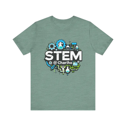 Green STEM-themed t-shirt for science lovers, STEM Chariho Unisex Jersey Short Sleeve Tee