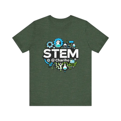 Green STEM t-shirt featuring Chariho design for science enthusiasts and education advocates