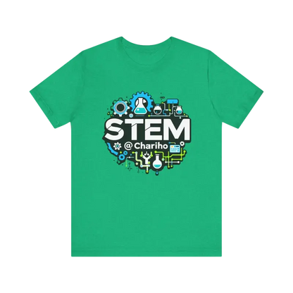Green STEM-themed t-shirt showcasing the STEM Chariho Unisex Jersey Short Sleeve Tee