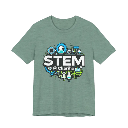Green STEM t-shirt showcasing Chariho Unisex Jersey Short Sleeve Tee for science enthusiasts