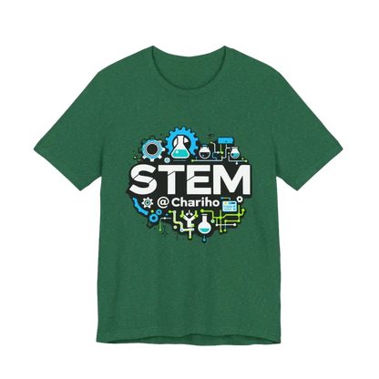 Green STEM design t-shirt for science lovers, featuring Chariho Unisex Jersey Short Sleeve Tee