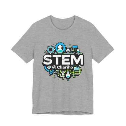 Gray STEM-themed t-shirt for science lovers, featuring the Chariho Unisex Jersey design