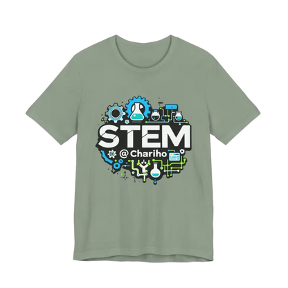 Gray STEM-themed t-shirt from STEM Chariho for science enthusiasts and educators