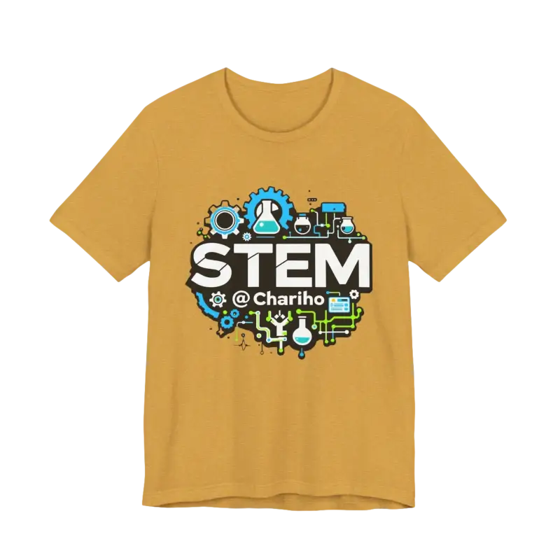 Mustard-colored STEM-themed t-shirt for science enthusiasts, STEM Chariho Unisex Tee