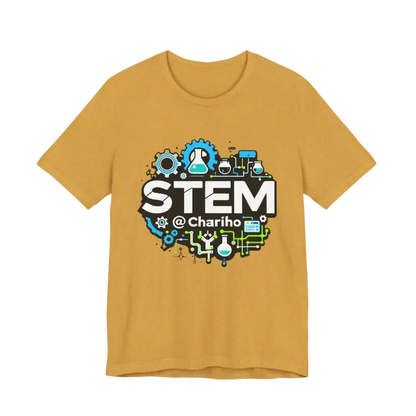 Mustard-colored STEM-themed t-shirt for science enthusiasts, STEM Chariho Unisex Tee