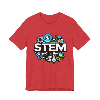 Red STEM-themed t-shirt from STEM Chariho, perfect for science enthusiasts