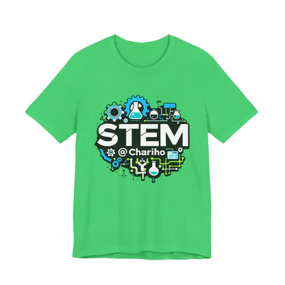 Green STEM-themed t-shirt from STEM Chariho, perfect for science enthusiasts