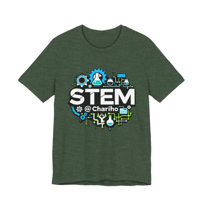 Green STEM-themed t-shirt from STEM Chariho for science enthusiasts and educators