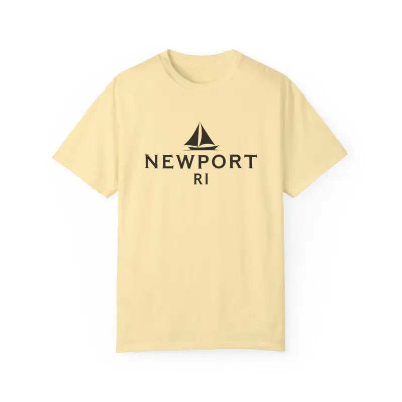 Yellow T-shirt featuring sailboat graphic and Newport RI text, ideal for beach lovers