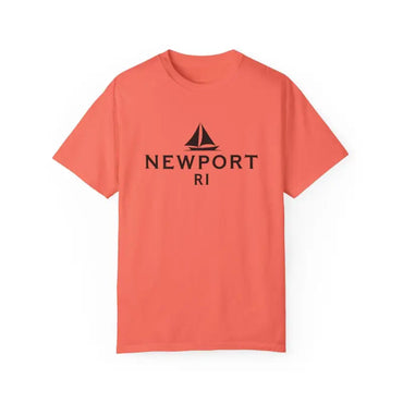 Coral t-shirt featuring a sailboat graphic, ideal for beach lovers and Newport RI design