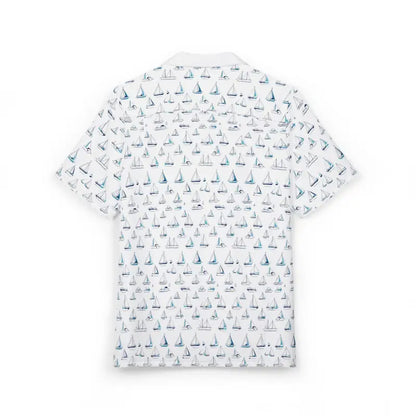 White short-sleeved shirt with sailboat pattern from Sailing Vibes Hawaiian collection