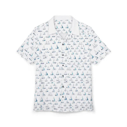 White short-sleeved shirt featuring a sailboat pattern for summer outings