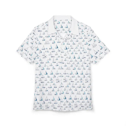 White short-sleeved shirt with sailboat pattern from Sailing Vibes Hawaiian collection