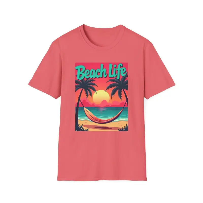 Salmon T Shirt With Beach Scene showcasing a vibrant coastal design