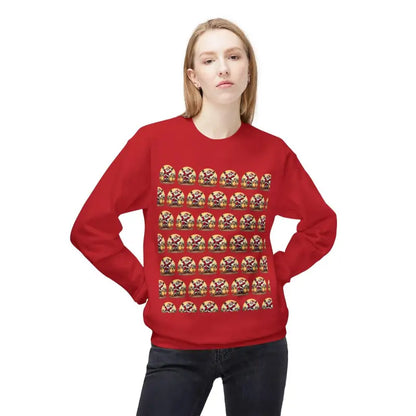 Red Santa With His Chicks Fleece Crewneck Sweatshirt featuring repeating character pattern